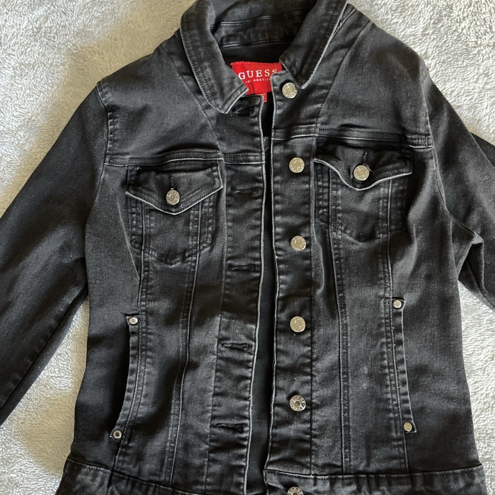 Black Denim GUESS Jacket Youth Size Large with Pockets Button Up And Pockets